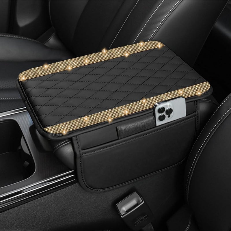 NBTEPEM Bling Car Center Console Cover, Leather Car Arm Rest Cover Cushion with 2 Storage Bags, Universal Automotive Armrest Protector Storage Box, Bling Accessories Interior for Most Vehicles (Gold) - Image 1